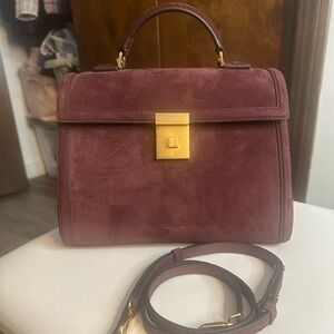 Chic Burgundy Suede Satchel with Gold Hardware